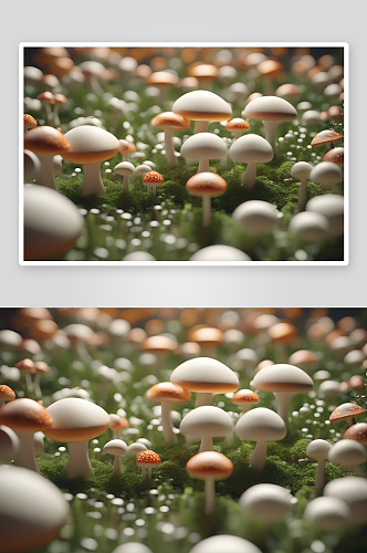 草地上的蘑菇群3D渲染作品