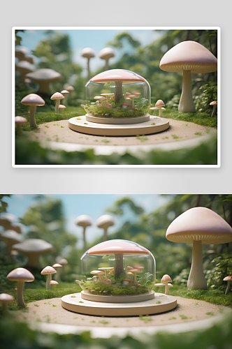 逼真的3D渲染中的蘑菇景象