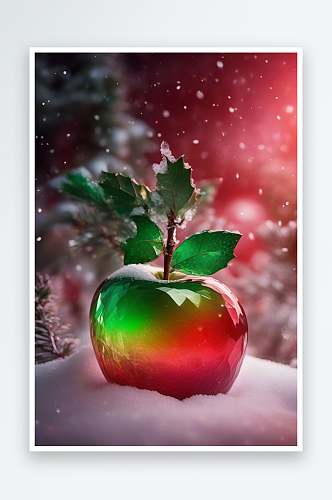 覆雪枝条下的晶莹苹果