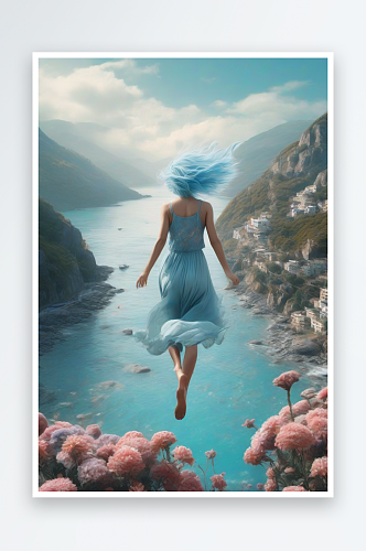 山间飞跃蓝发女子从山上跳入大海
