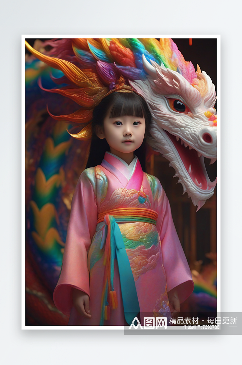 童话中的绚丽彩虹龙与中国小女孩的奇遇素材