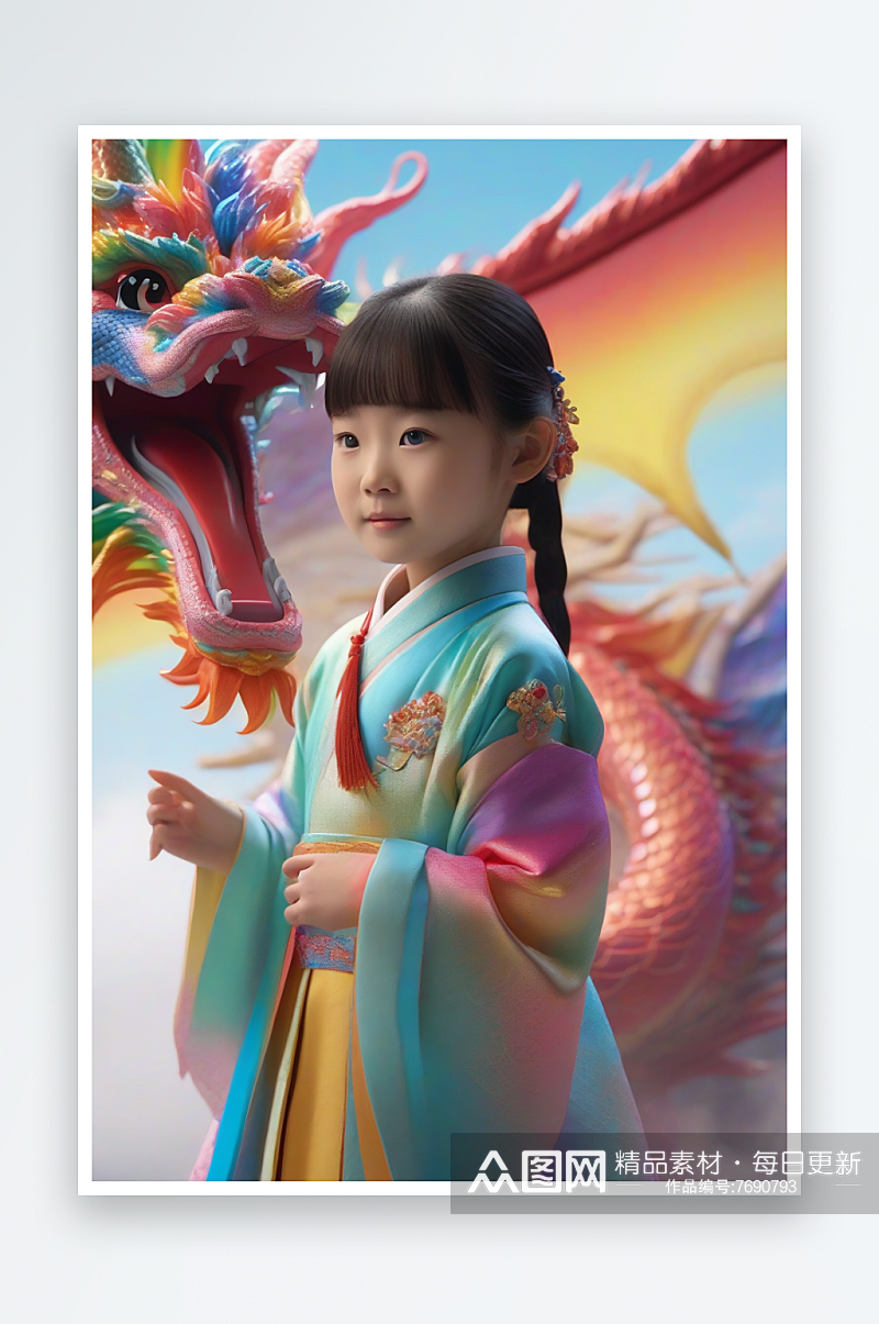 童话中的绚丽彩虹龙与中国小女孩的奇遇素材