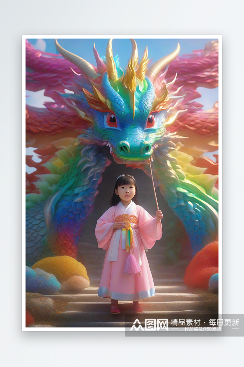 童话世界中的绚丽彩虹龙与小女孩的冒险故事素材