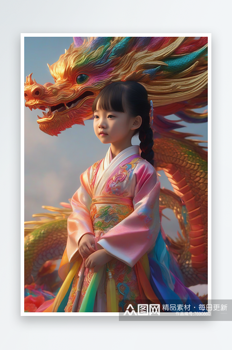 童话世界中的绚丽彩虹龙与小女孩的冒险故事素材