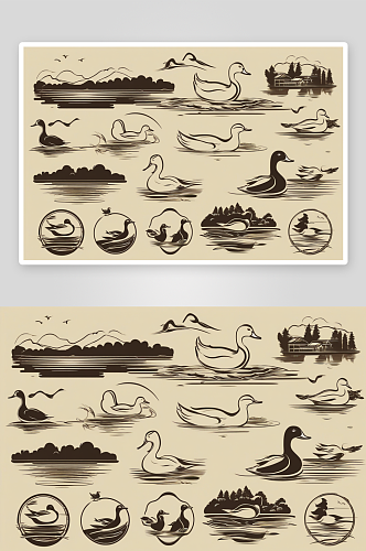 鸭子在水面上山水云天的绘画作品