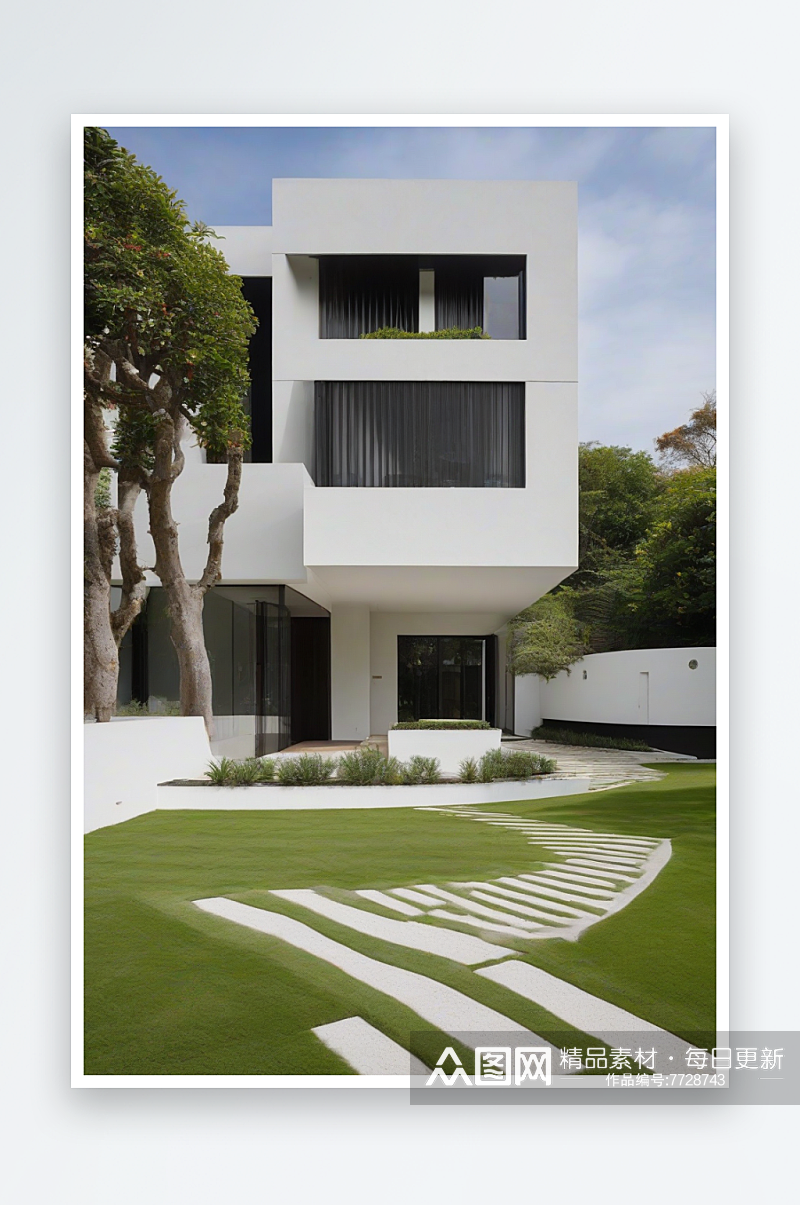 别墅立面展示的白色条纹草坪素材