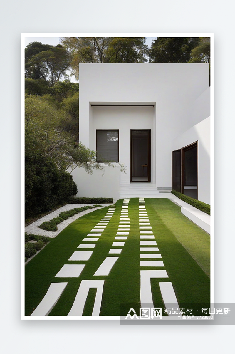 别墅外墙展示的白色条纹草坪素材