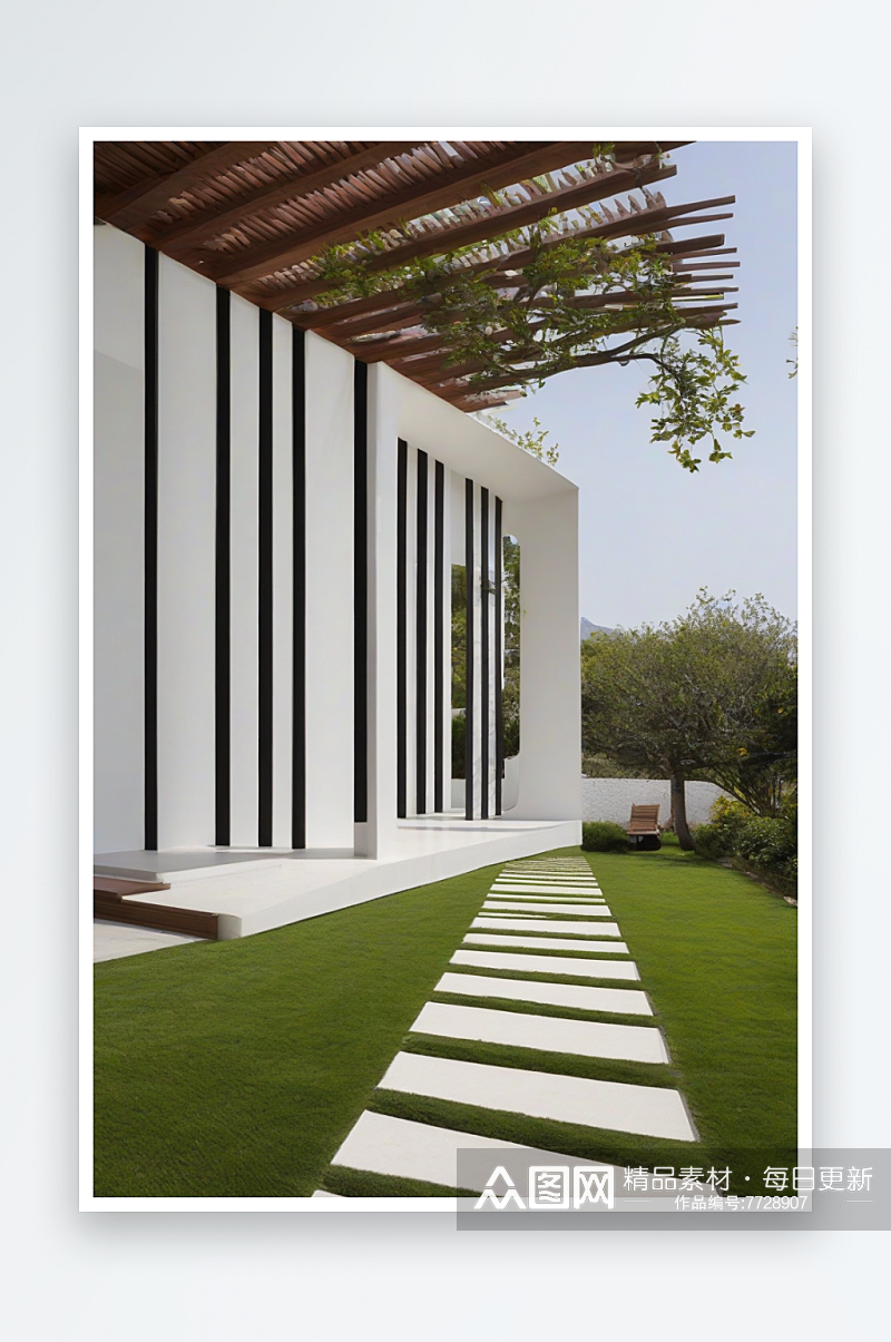别墅外墙展示的白色条纹草坪素材