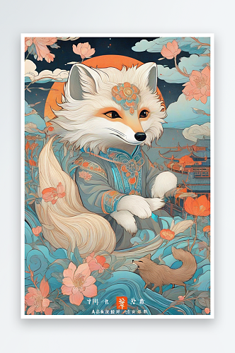 轻青红色的中国白极地狐狸壁画