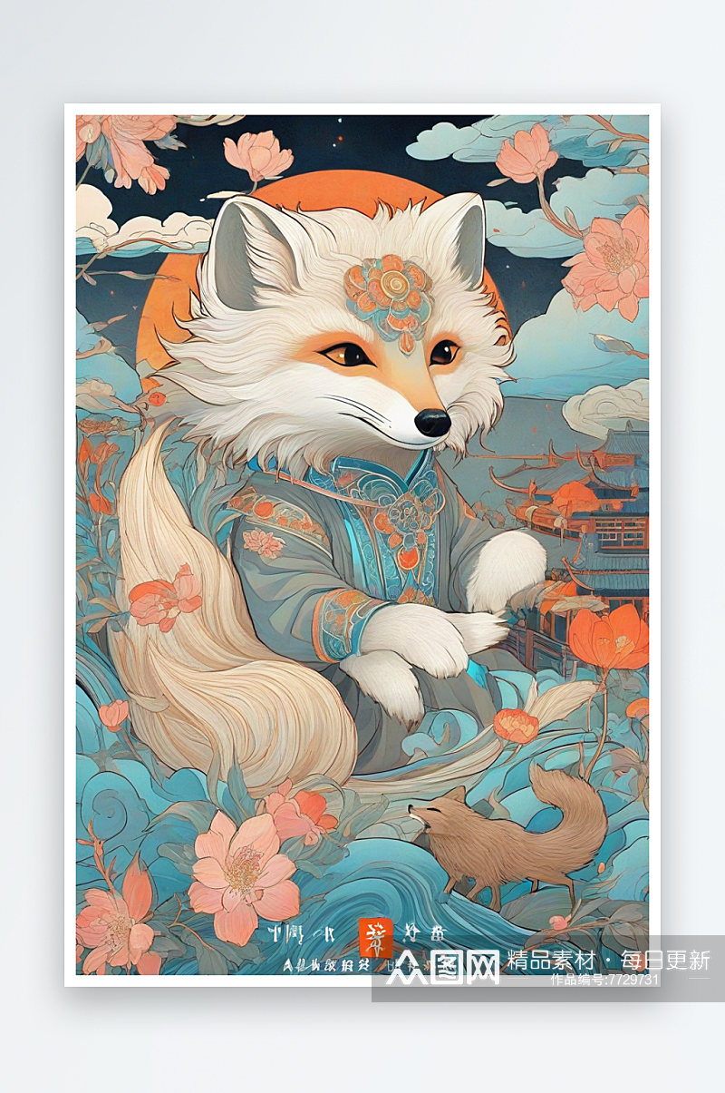 轻青红色的中国白极地狐狸壁画素材
