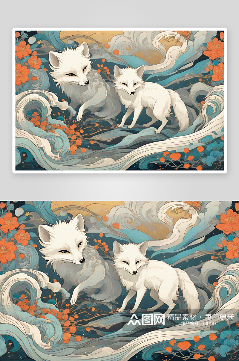 艺术与奇幻审美探索的中国白极地狐狸壁画素材