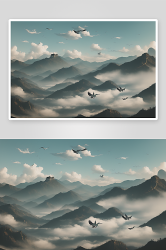 中国水墨画风格的山水云彩