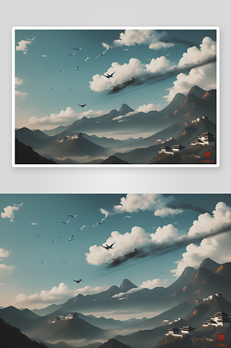 中国水墨画风格的山水云彩