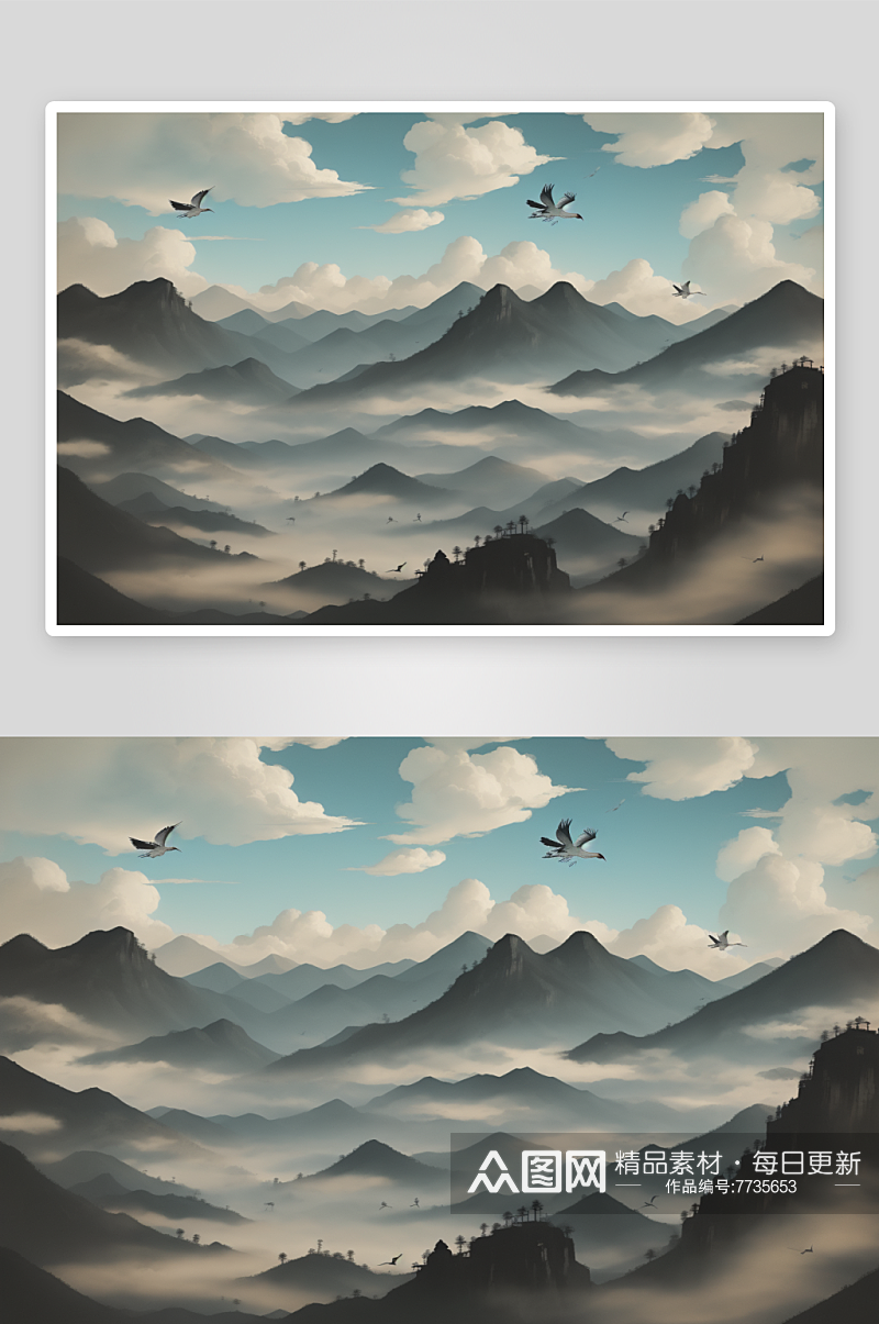 中国水墨画风格的山水云彩素材