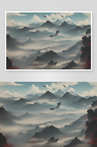 中国水墨画风格的山水云景