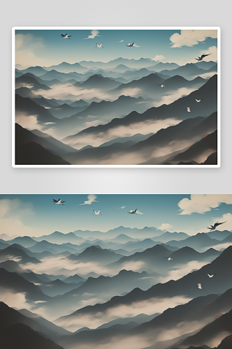 中国水墨画风格的山水云景