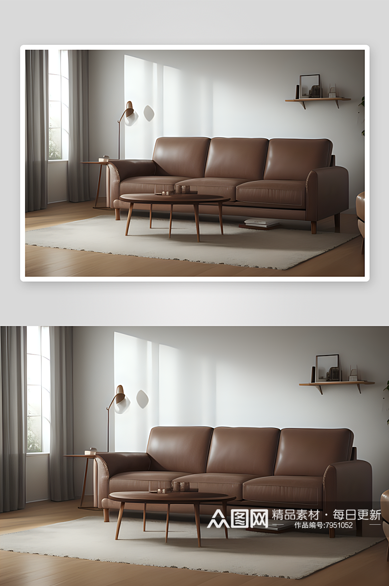 棕色皮革扶手椅点亮舒适客厅素材