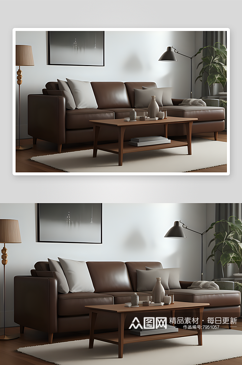 棕色皮革扶手椅点亮舒适客厅素材
