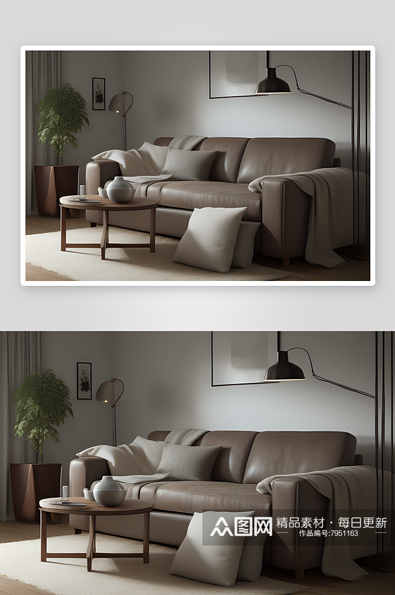 蛋壳灰色布艺沙发与棕色皮革扶手椅素材
