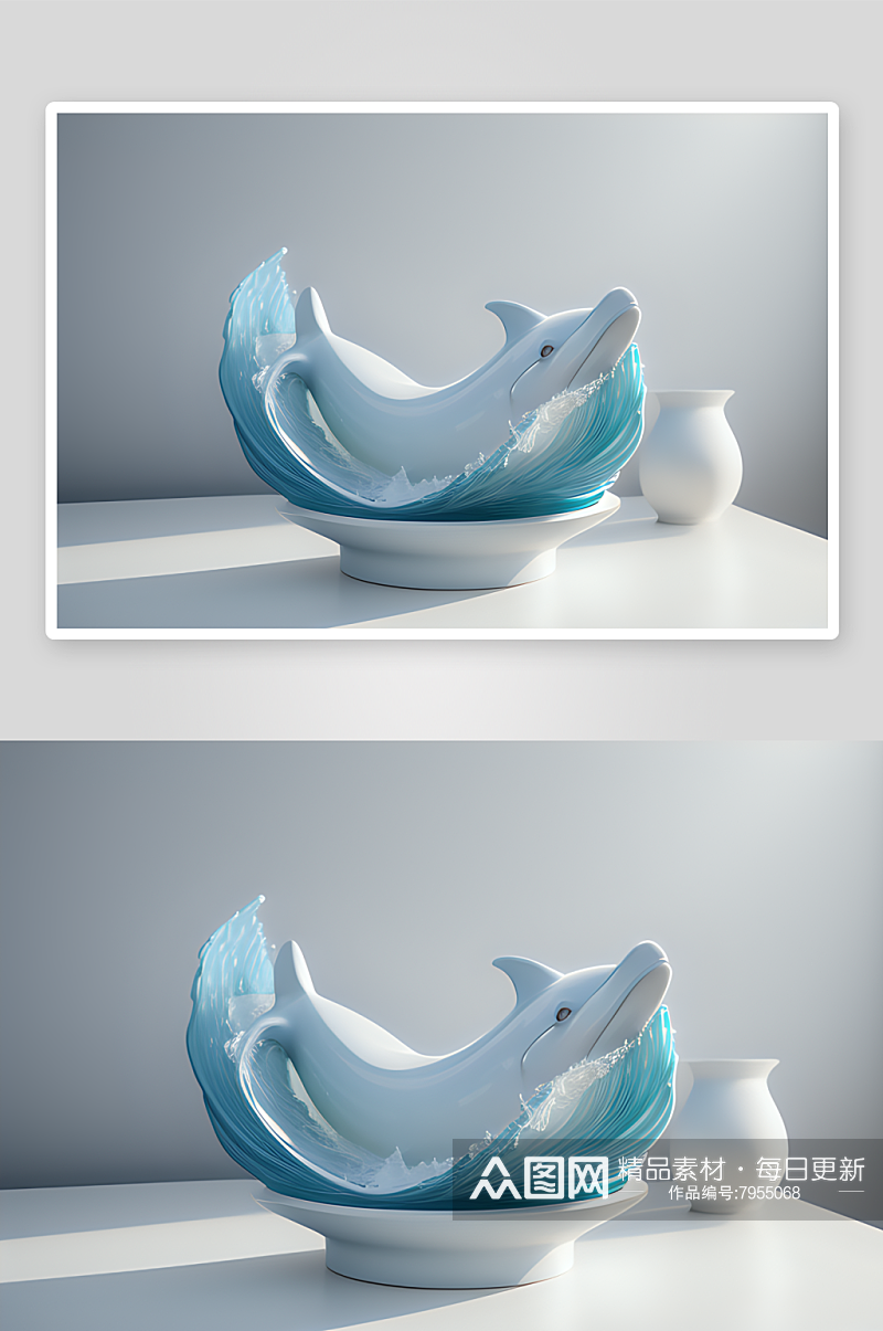 柔和浅蓝空间中的瓷质海豚素材