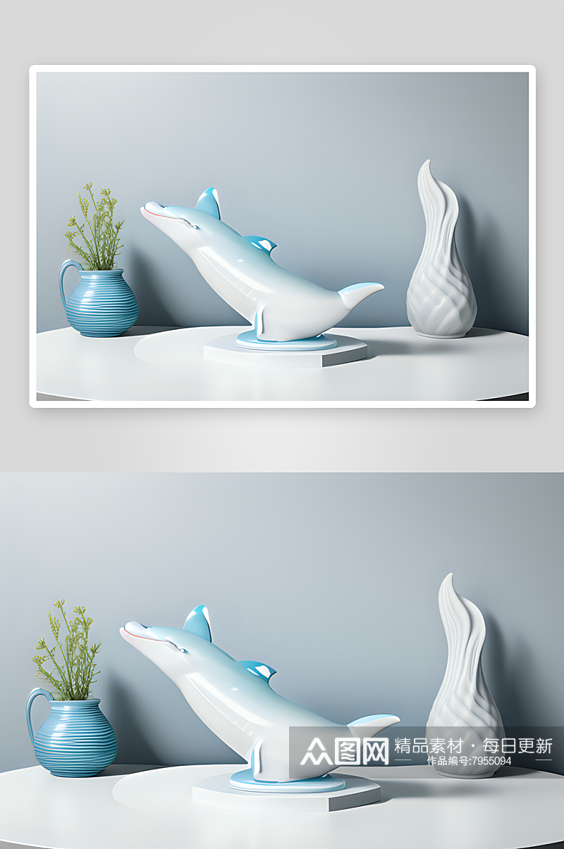 瓷质海豚与波浪的唯美雕塑素材