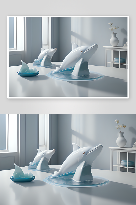 白瓷海豚与波浪的绝美雕塑