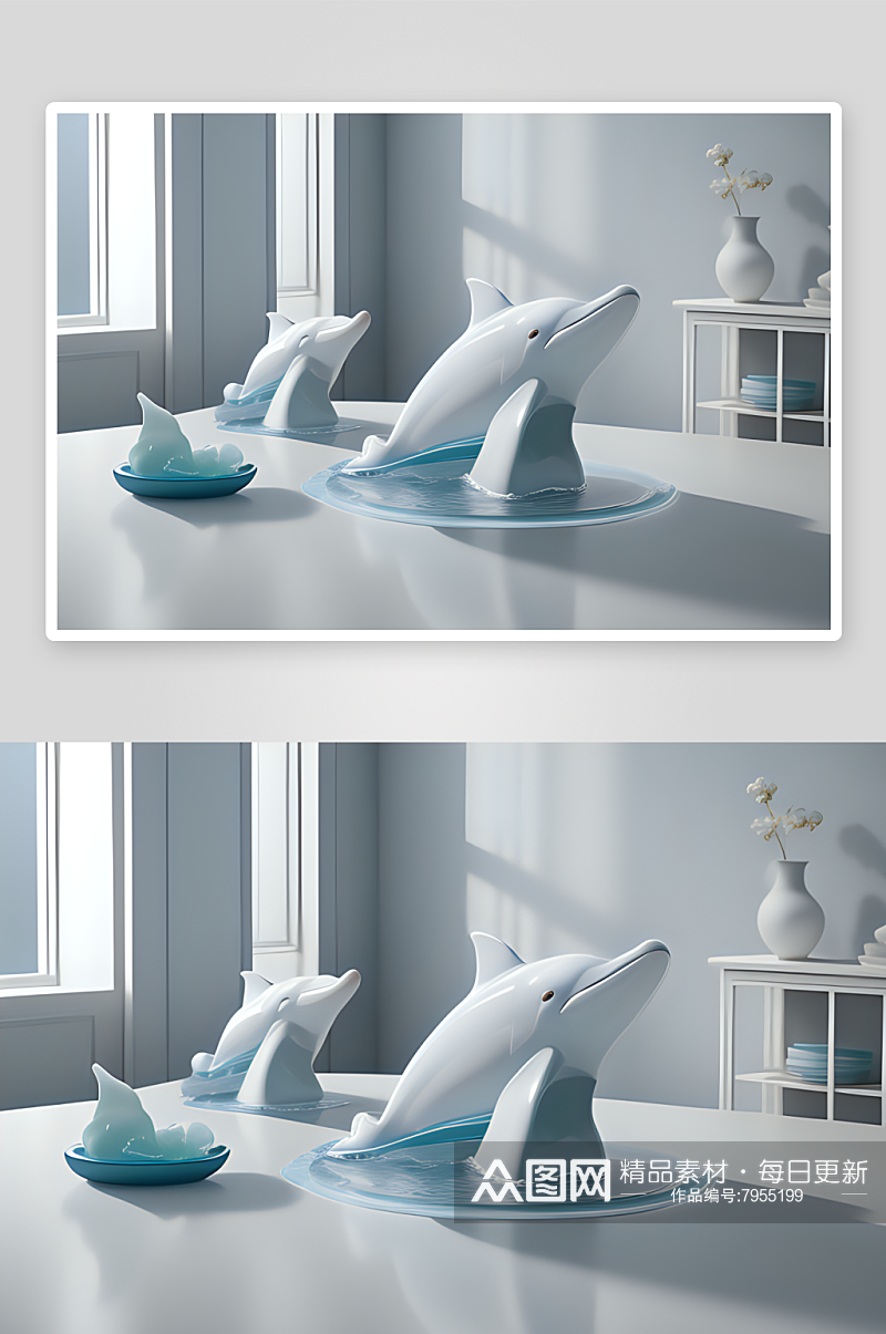 白瓷海豚与波浪的绝美雕塑素材