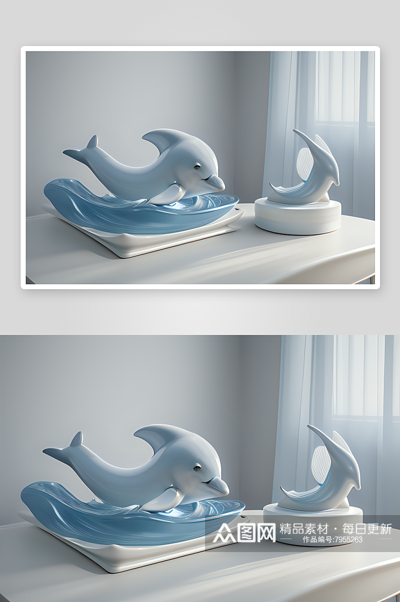 清新浅蓝房间中的瓷质海豚艺术素材