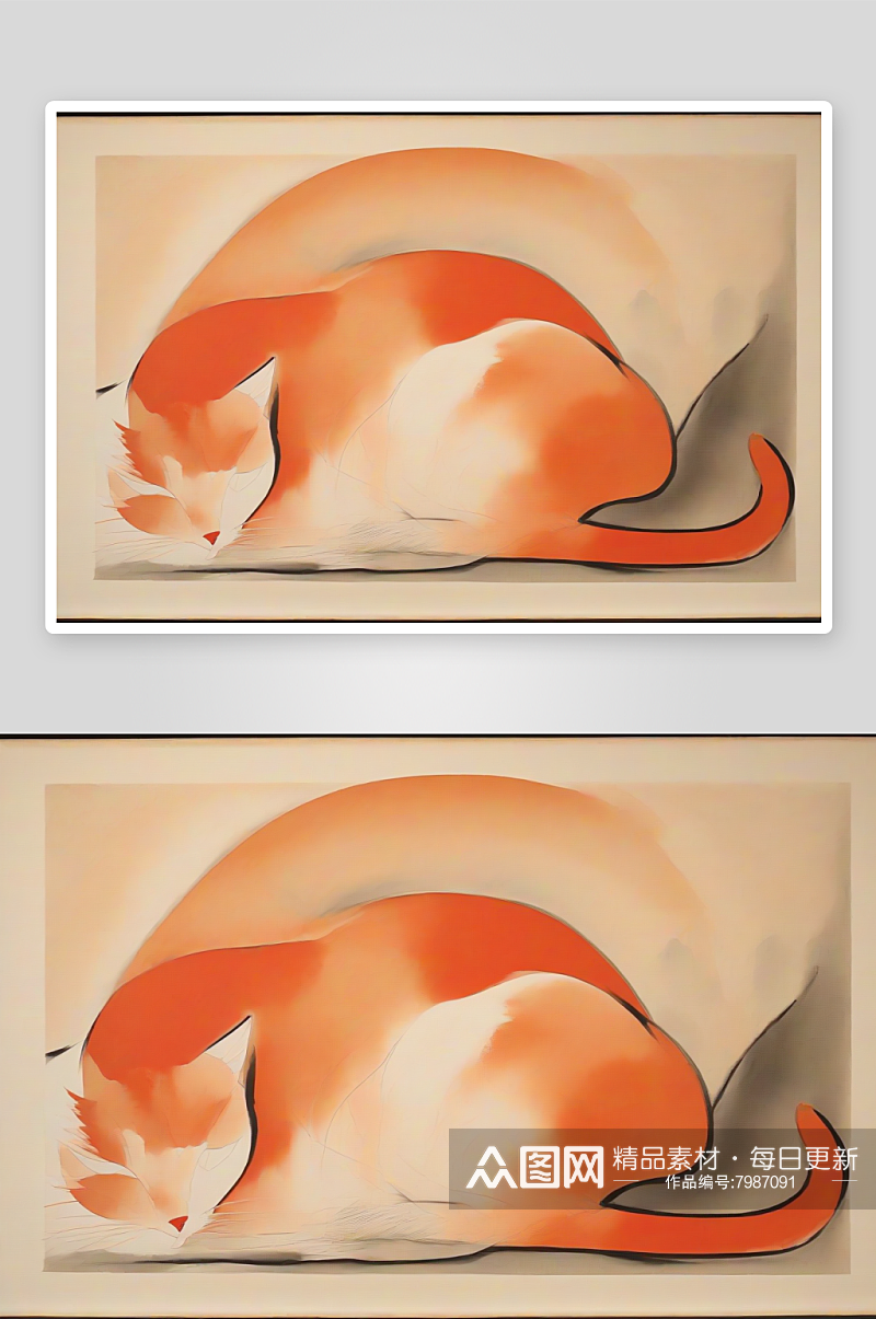红色猫儿躺卧极简水墨画风素材