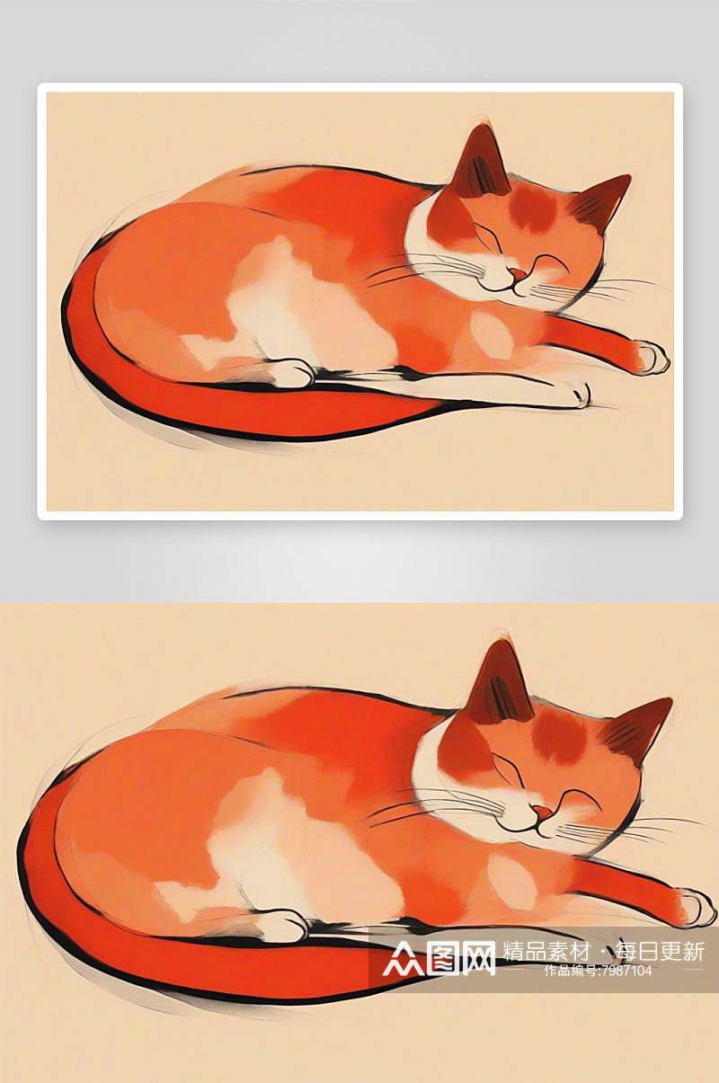 红色猫儿躺卧极简水墨画风素材