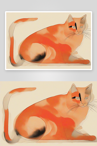 红色猫儿躺卧极简水墨画风