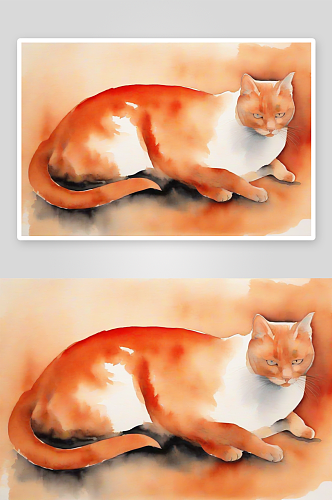 红色猫儿躺卧极简水墨画风