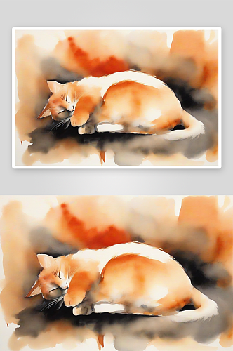 柔和圆润的红猫极简水墨大画