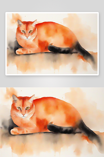 柔和圆润的红猫极简水墨大画
