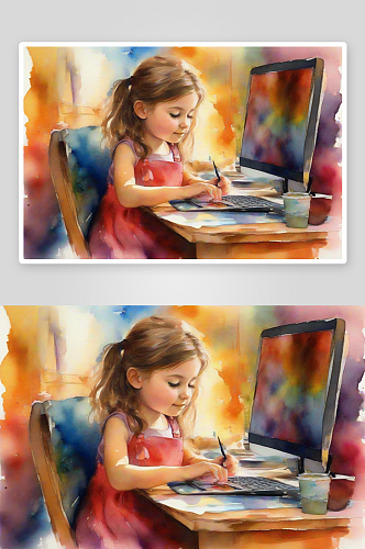 可爱设计师小女孩在电脑前创作天价设计