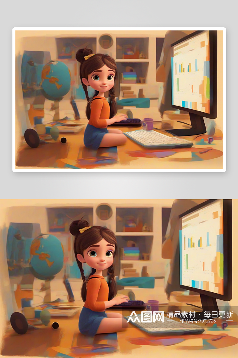 可爱设计师小女孩在电脑前素材