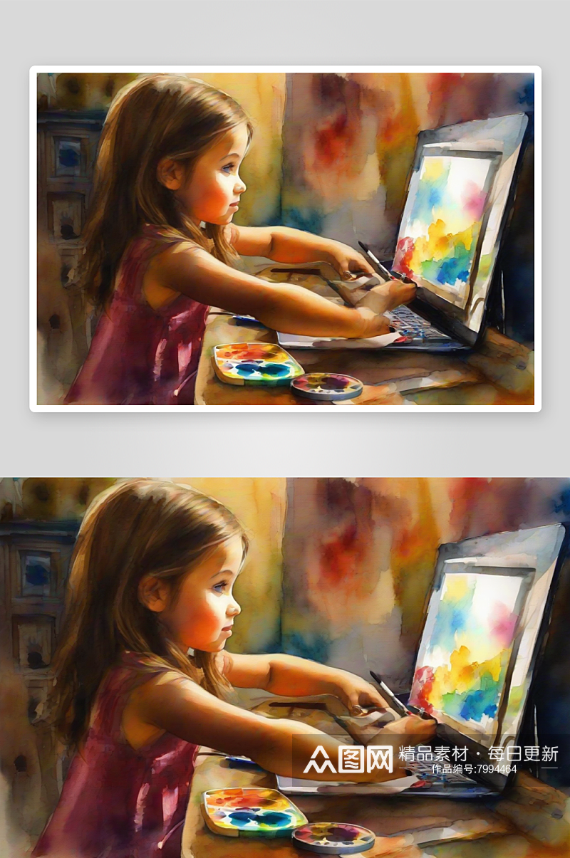 小女孩电脑前创作天价设计艺术素材