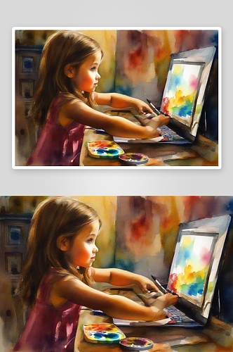 小女孩电脑前创作天价设计艺术