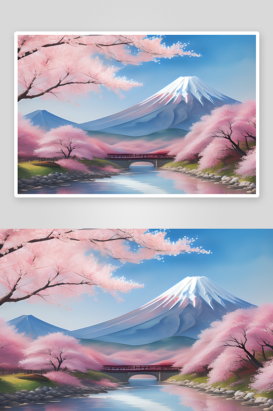 日式樱花与富士山手绘浪漫之美
