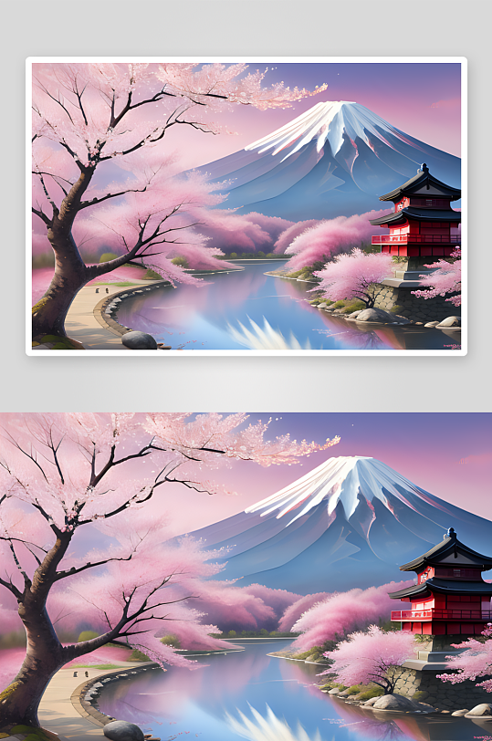 日式樱花与富士山手绘梦幻浪漫