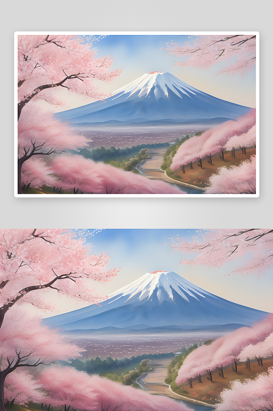 日式樱花与富士山手绘梦幻浪漫