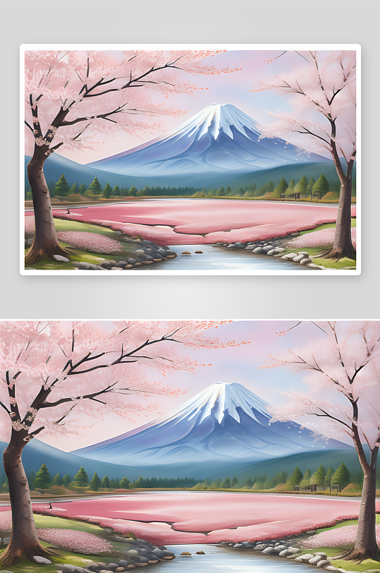 手绘风格樱花与富士山的浪漫盛景