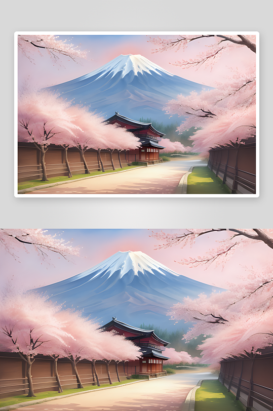 手绘风格樱花与富士山的浪漫盛景