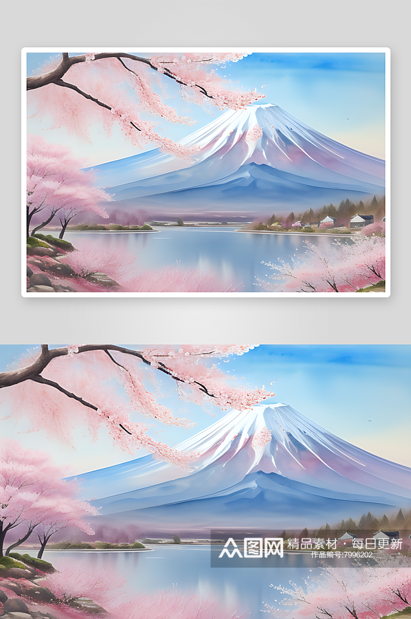 手绘风格樱花与富士山的浪漫盛景素材