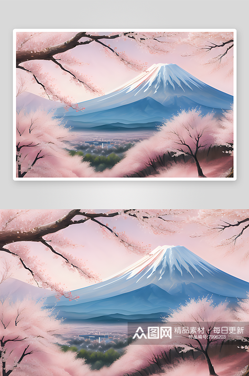 手绘风格樱花与富士山的浪漫盛景素材