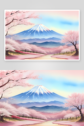 日式樱花与富士山手绘浪漫之美