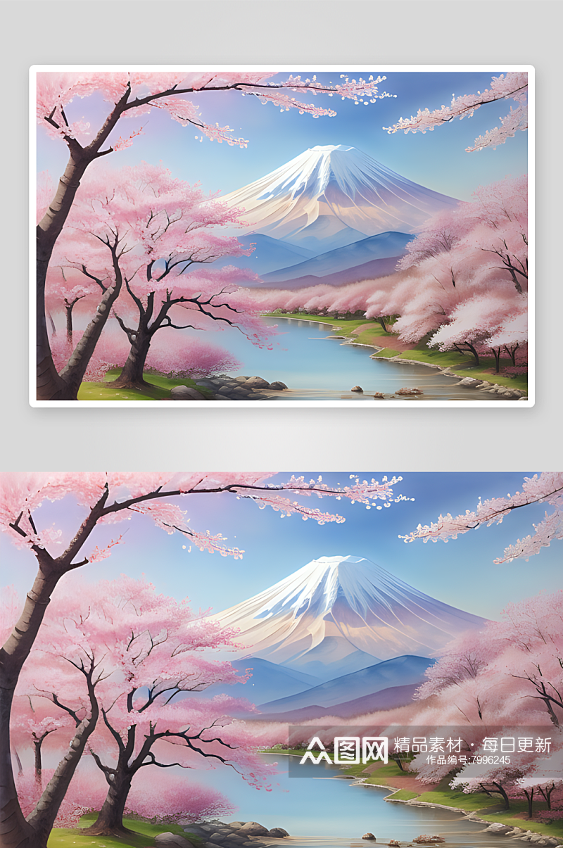 手绘樱花与富士山迷人的浪漫风情素材