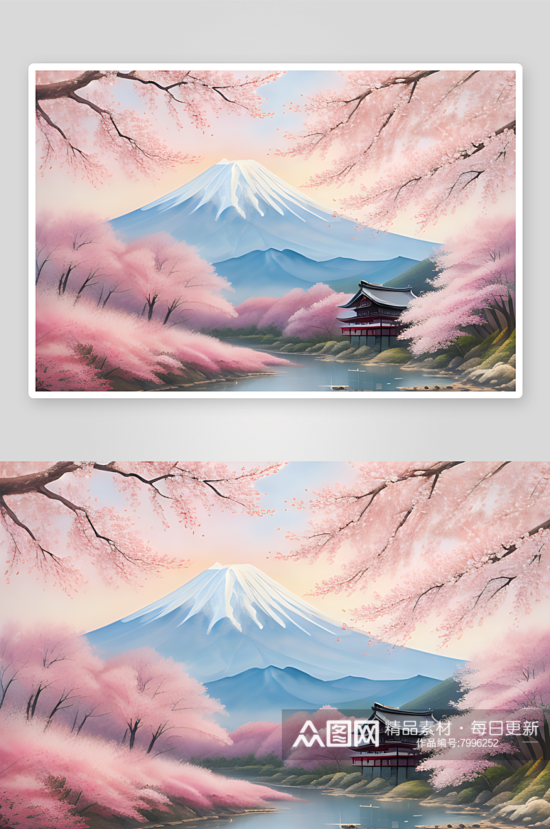 手绘樱花与富士山迷人的浪漫风情素材