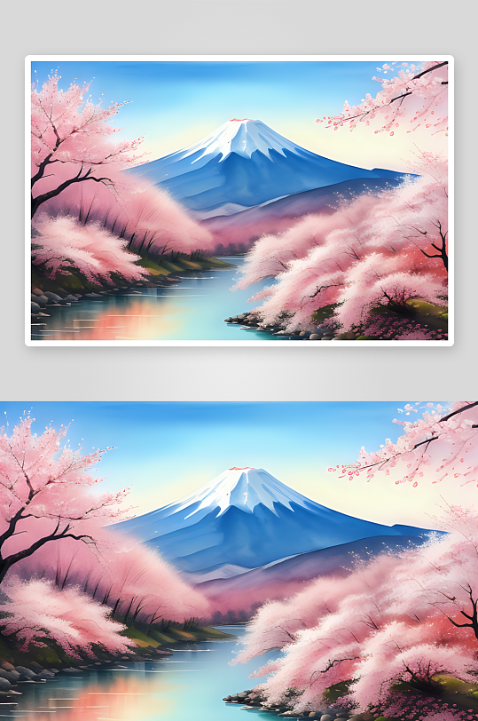 手绘樱花与富士山迷人的浪漫风情