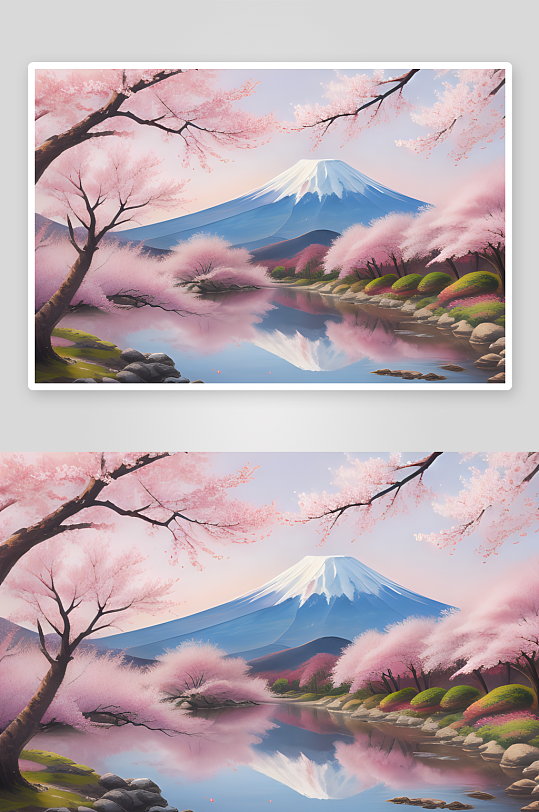 手绘樱花与富士山迷人的浪漫风情